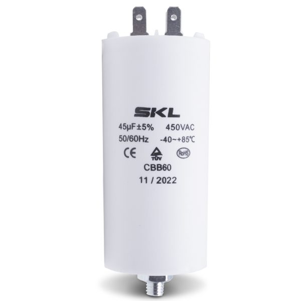 Kondensator 45,00µF 450V universal mit Steckfahnen CBB60 für Elektrogeräte