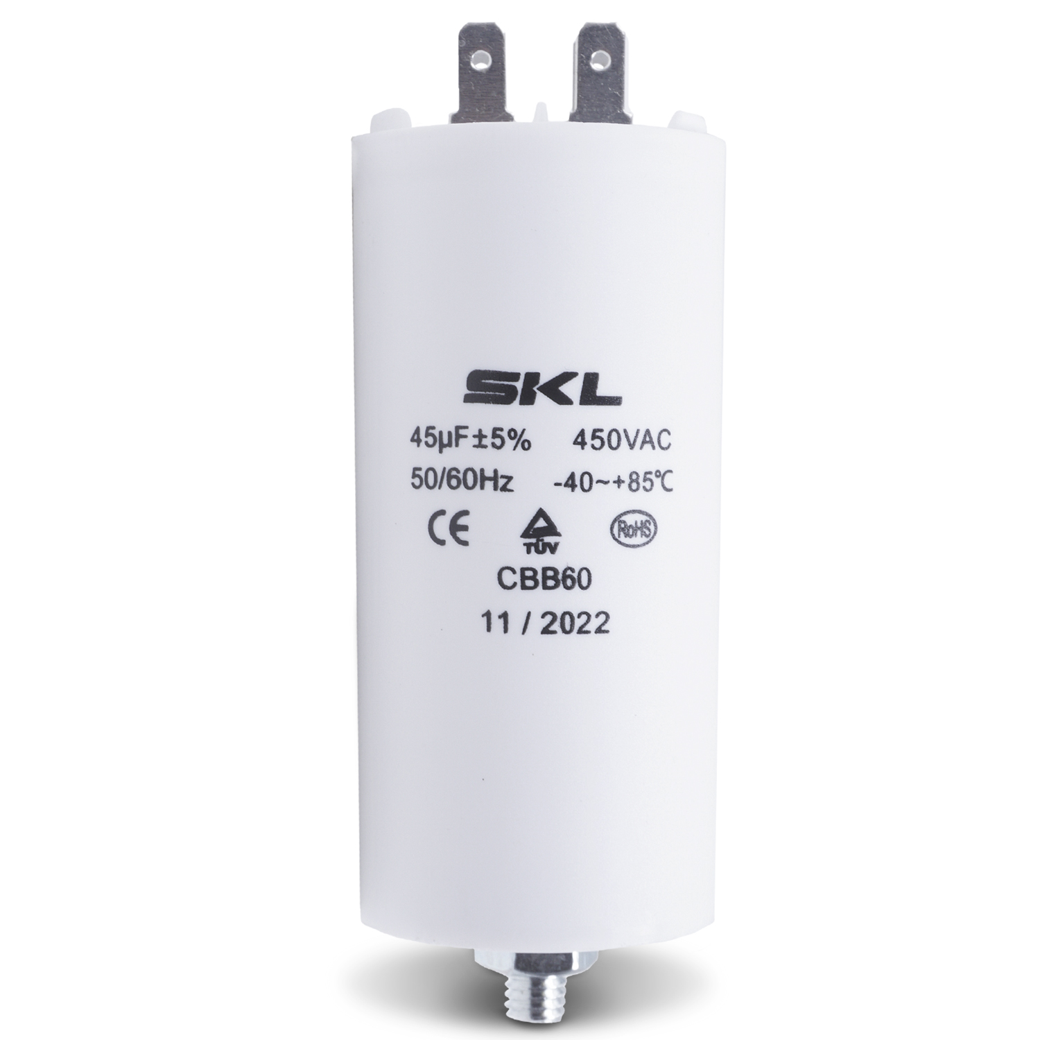 Kondensator 45,00µF 450V universal mit Steckfahnen CBB60 für Elektrogeräte Kondensator 45,00µF 450V universal mit Steckfahnen CBB60 für Elektrogeräte