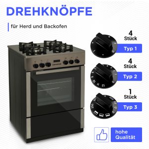 Drehknopfset Knebel Schalter 9-teilig 52mmØ schwarz universell für Ofen Herd