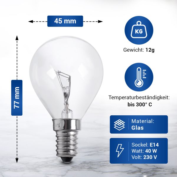 Lampe E14 silber 40W 45mmØ 230V bis 300°C universal für Backofen Kühlschrank