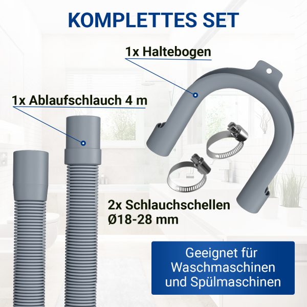 Ablaufschlauch Set 4m 19/22mm 2x Schellen, 1x Haltebogen für Waschmaschine