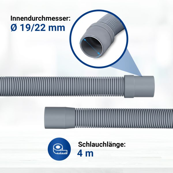 Ablaufschlauch Set 4m 19/22mm 2x Schellen, 1x Haltebogen für Waschmaschine