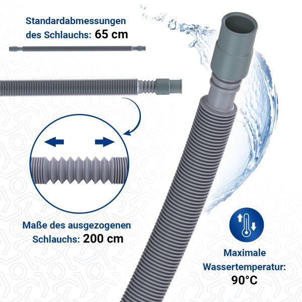 Set Ablaufschlauch Ausziehbar 60-200cm 19/21mmØ 2 Schlauchschelle Waschmaschine