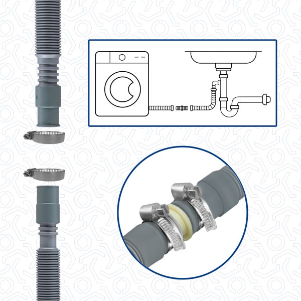 Set Ablaufschlauch Ausziehbar 60-200cm 19/21mmØ 2 Schlauchschelle Waschmaschine