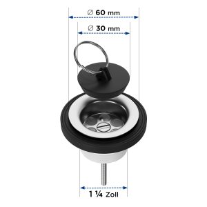 Universalablaufventil 1 1/4 x 30 Ø 60 mm mit Schlüsselring für Spülbecken