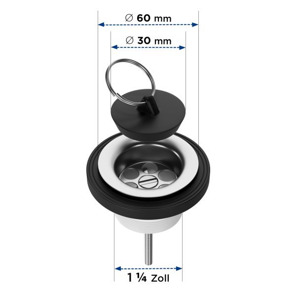 Universalablaufventil 1 1/4 x 30 Ø 60 mm mit Schlüsselring für Spülbecken