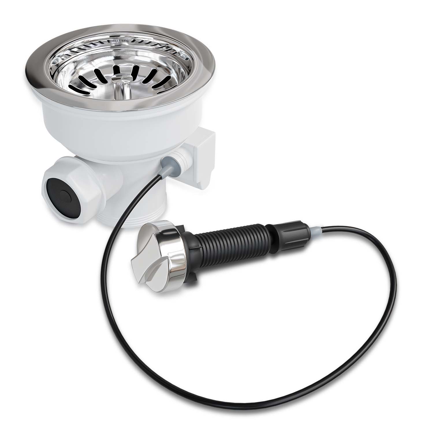 Siebkorbventil Ø 114 mm Bowdenzug Drehbetätigung 1 " mit Anschluss Überlauf Siebkorbventil Ø 114 mm Bowdenzug Drehbetätigung 1 " mit Anschluss Überlauf