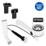 Siebkorbventil 70 mm mit Überlauf-Set, Raumsparrohr + Bowdenzug verschließbar