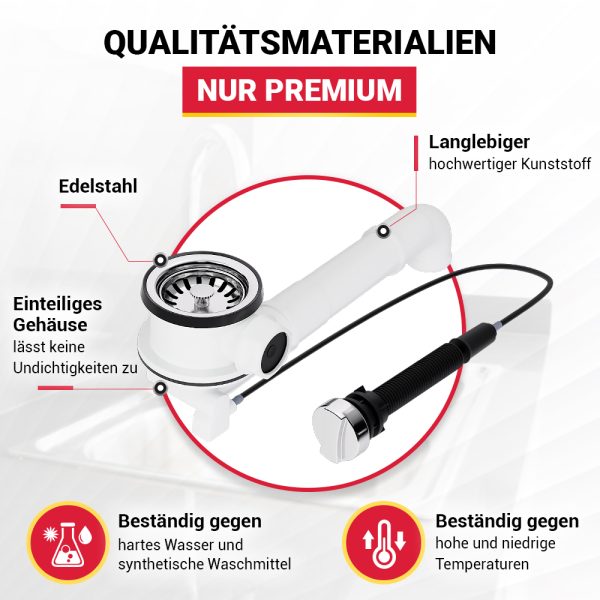 Siebkorbventil 70 mm mit Überlauf-Set, Raumsparrohr + Bowdenzug verschließbar