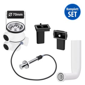 Siebkorbventil 70 mm mit zwei Überläufen, Überlaufrohr für Küchenspüle