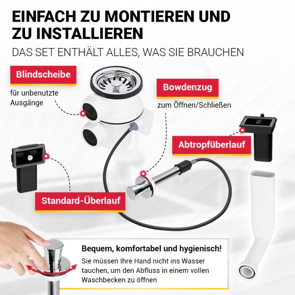 Siebkorbventil 70 mm mit zwei Überläufen, Überlaufrohr für Küchenspüle