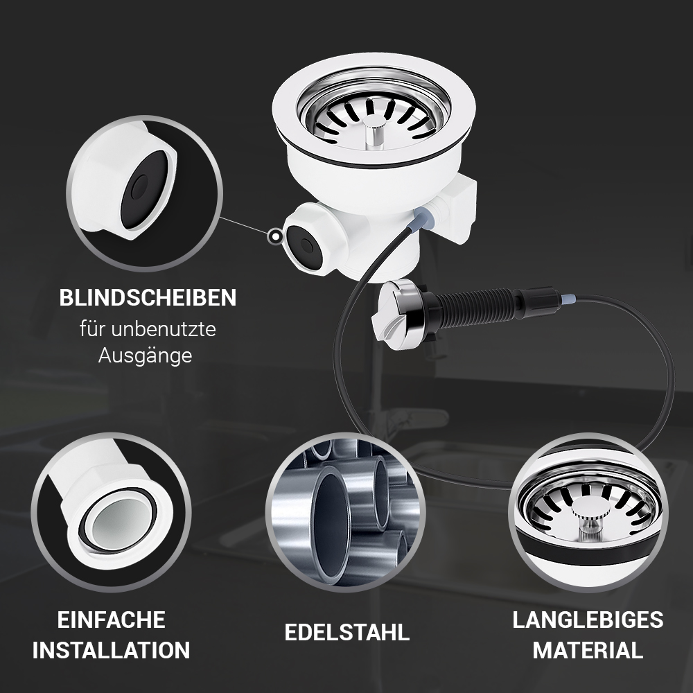 Siebkorbventil Ø 114 mm Bowdenzug Drehbetätigung 1 " mit Anschluss Überlauf Siebkorbventil Ø 114 mm Bowdenzug Drehbetätigung 1 " mit Anschluss Überlauf