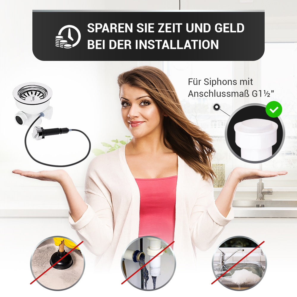 Siebkorbventil Ø 114 mm Bowdenzug Drehbetätigung 1 " mit Anschluss Überlauf Siebkorbventil Ø 114 mm Bowdenzug Drehbetätigung 1 " mit Anschluss Überlauf