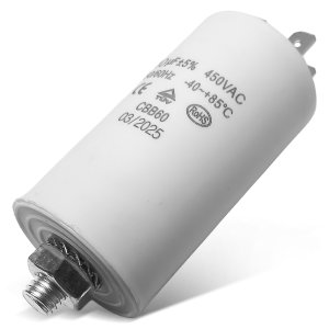 Kondensator 10µF 450V universal mit Steckfahnen und Befestigungsschraube