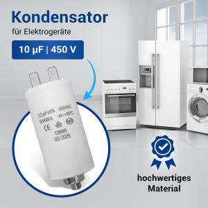 Kondensator 10µF 450V universal mit Steckfahnen und Befestigungsschraube