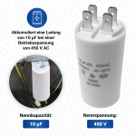 Kondensator 10µF 450V universal mit Steckfahnen und Befestigungsschraube