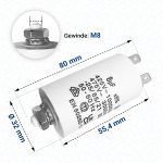Kondensator CBB60 8µF 450V 6,3mm mit Steckfahnen Befestigungsschraube M8