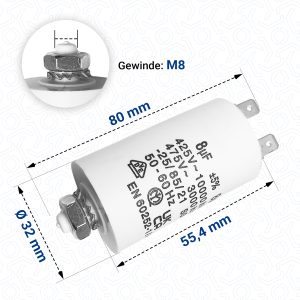 Kondensator CBB60 8µF 450V 6,3mm mit Steckfahnen Befestigungsschraube M8