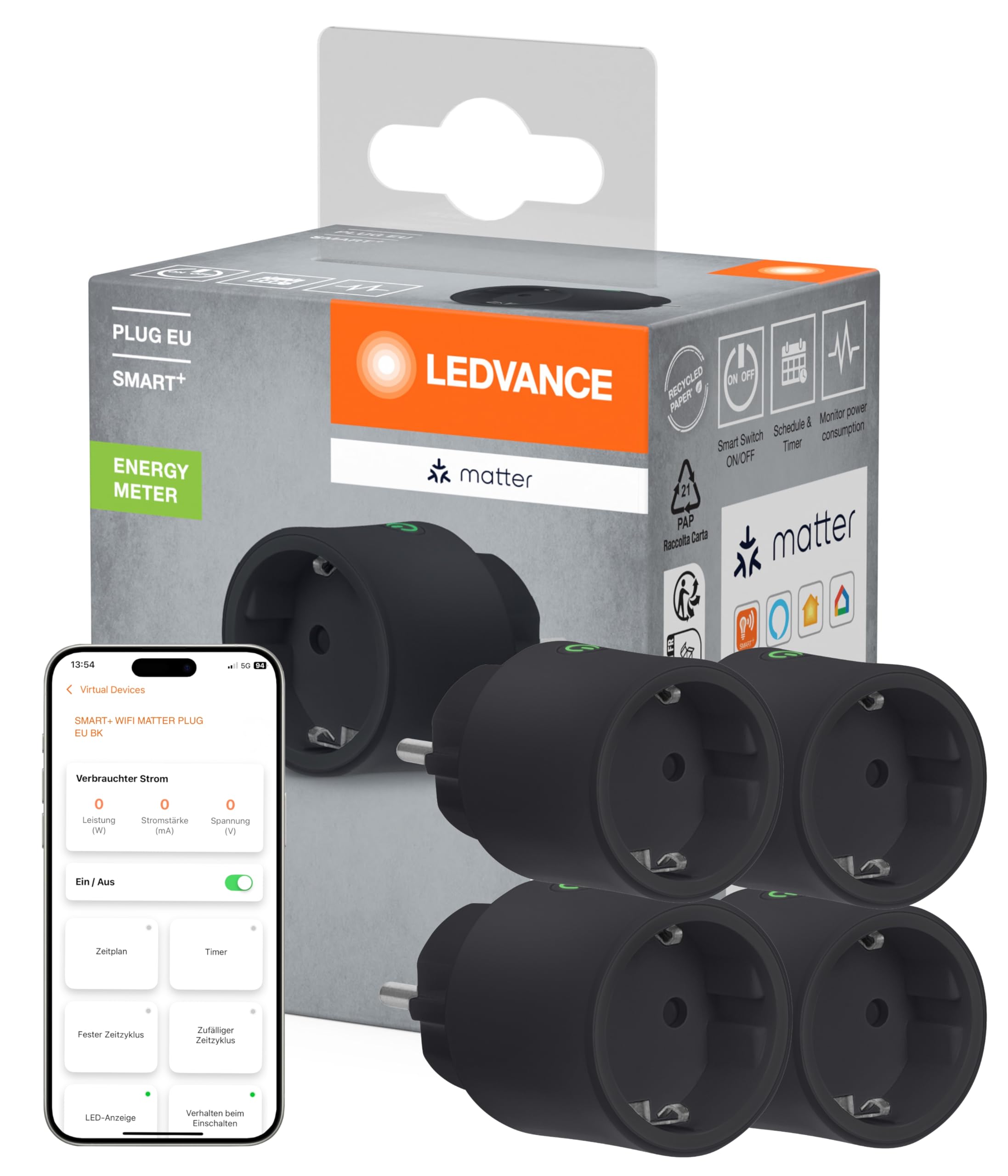 71TwxCQbBOL.jpg LEDVANCE SMART+ Indoor Plug Matter over WiFi smarte Steckdose schwarz 4er – Bild 1