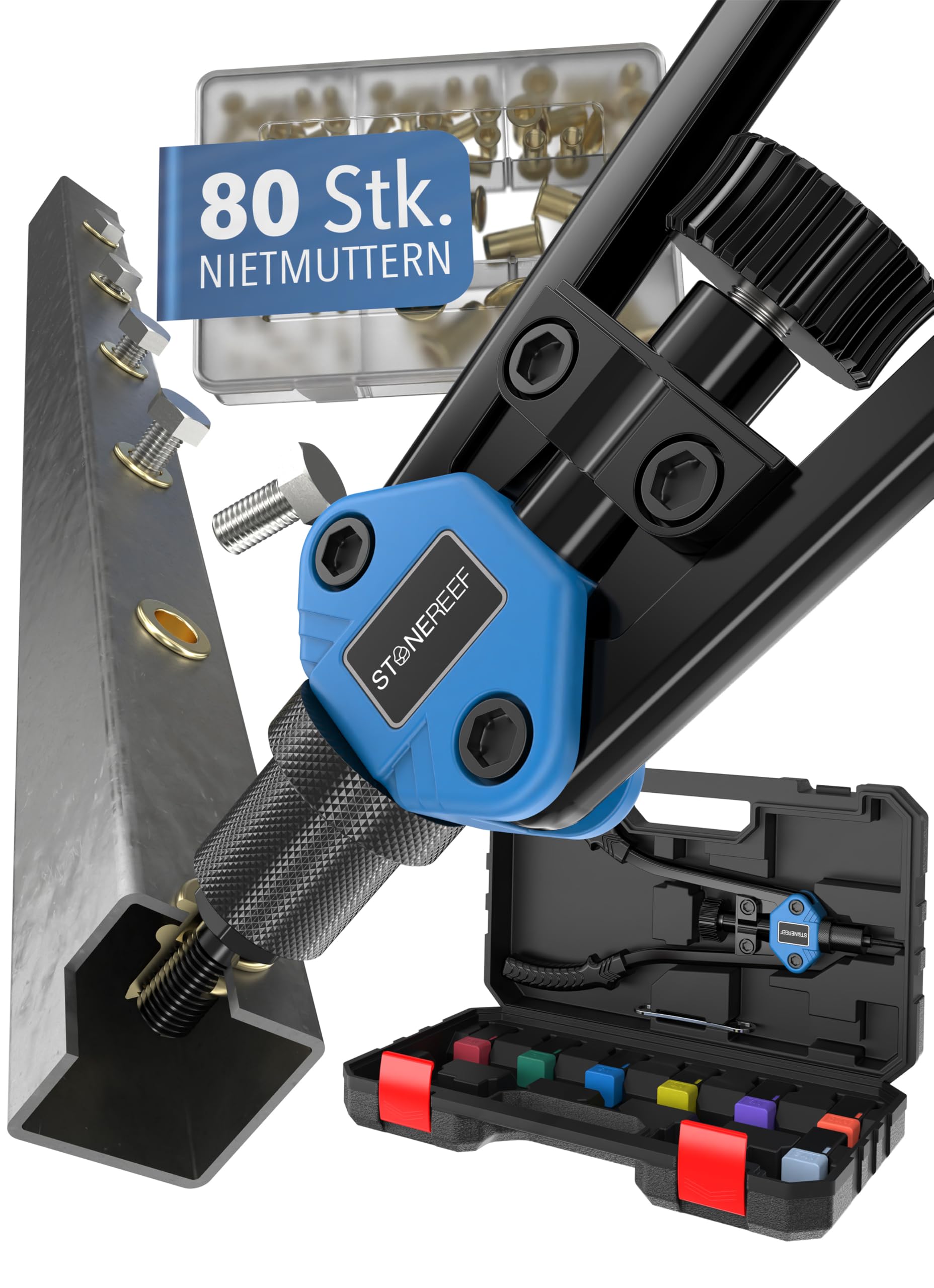 81dM2BbW6YL.jpg STONE REEF Nietmutternzange Set mit 80 Nietmuttern M3 bis M12 – Bild 1