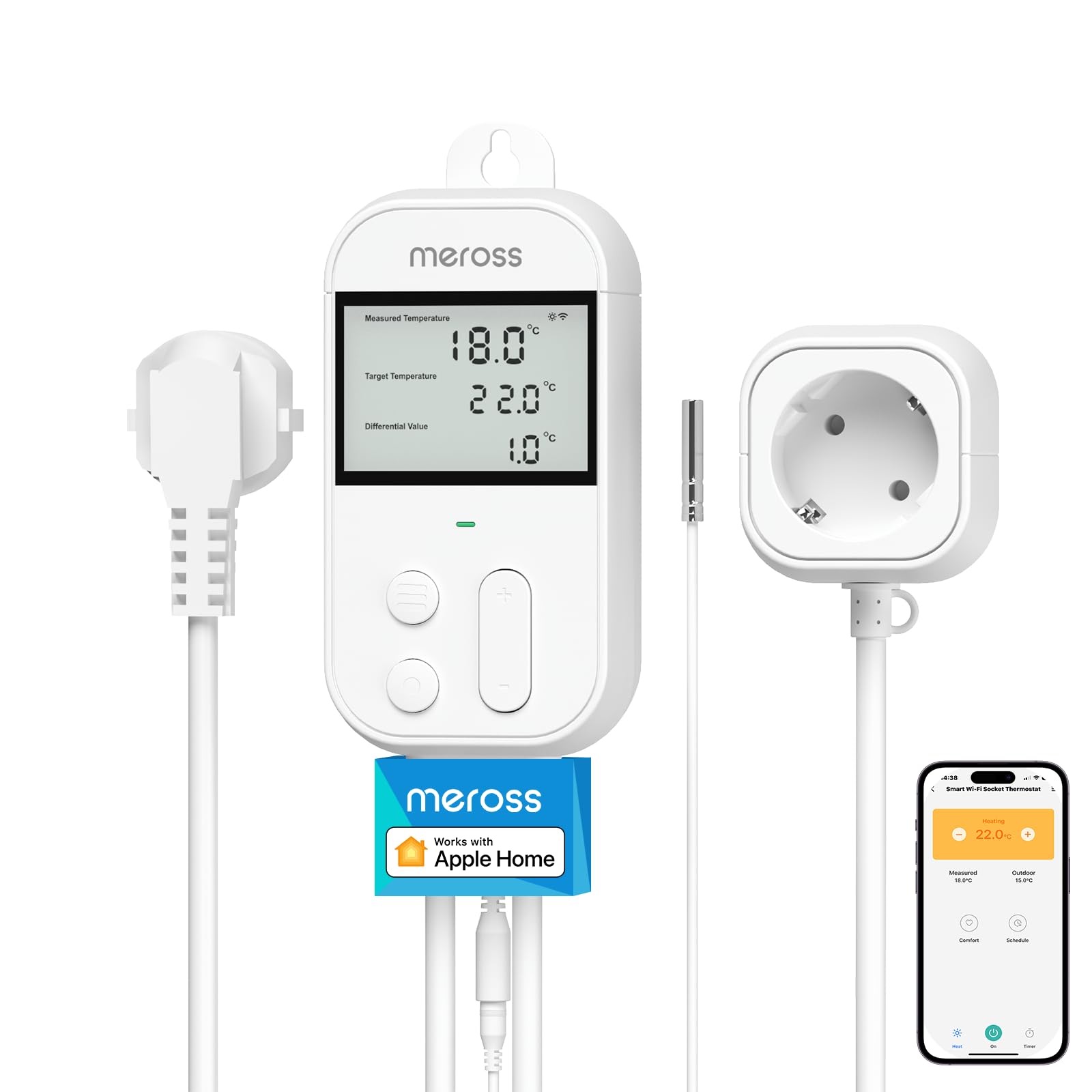 61OIp52Xk1L.jpg Meross Smart Thermostat Steckdose 16A WLAN Temperaturregler mit Fühler – Bild 1