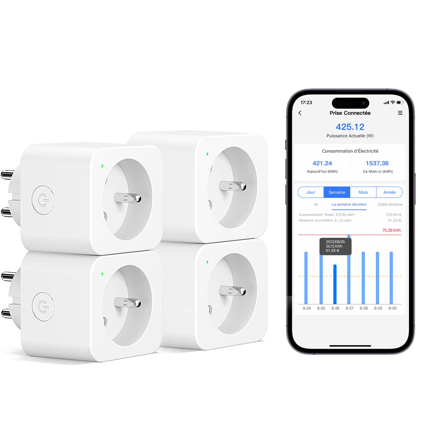 612j2oltdZL.jpg meross WLAN-Steckdose Typ E 16A 4er Set mit Energieverbrauchsmessung – Bild 1