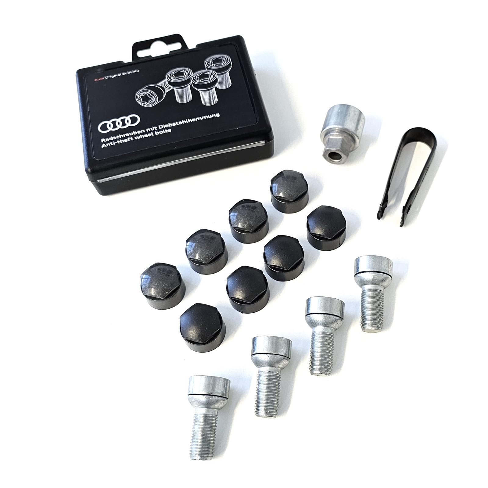 61SRpvZKtyL.jpg Audi 82A071455 Radsicherungsschrauben M14x1.5x27 mit Adapter – Bild 1
