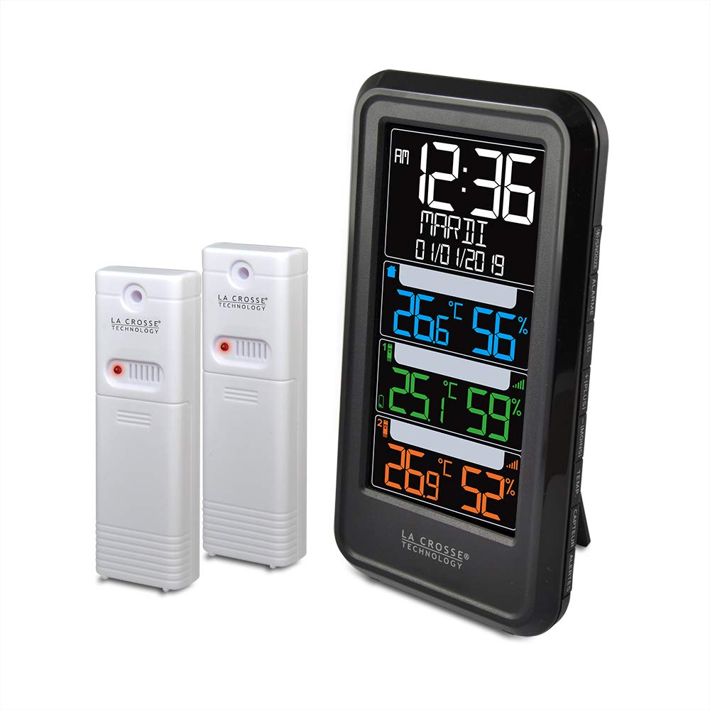 61GWRfPfurL.jpg Temperaturstation WS6813 mit 2 Thermo Hygro Sensoren Farbdisplay Schwarz – Bild 1