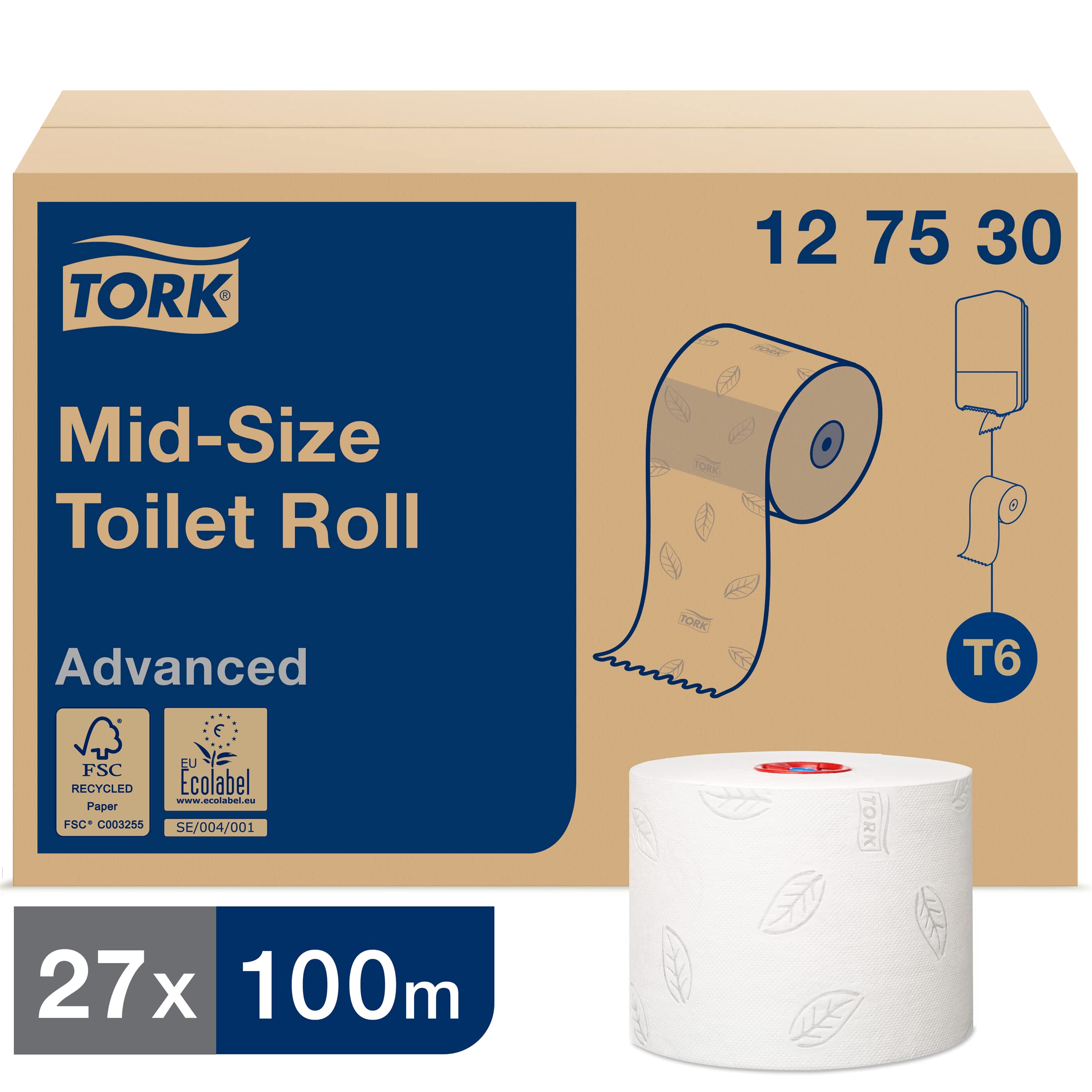 71rJewEWjPL.jpg Tork 127530 Midi Toilettenpapier Advanced T6 2-lagig 27 Rollen x 100 m – Bild 1