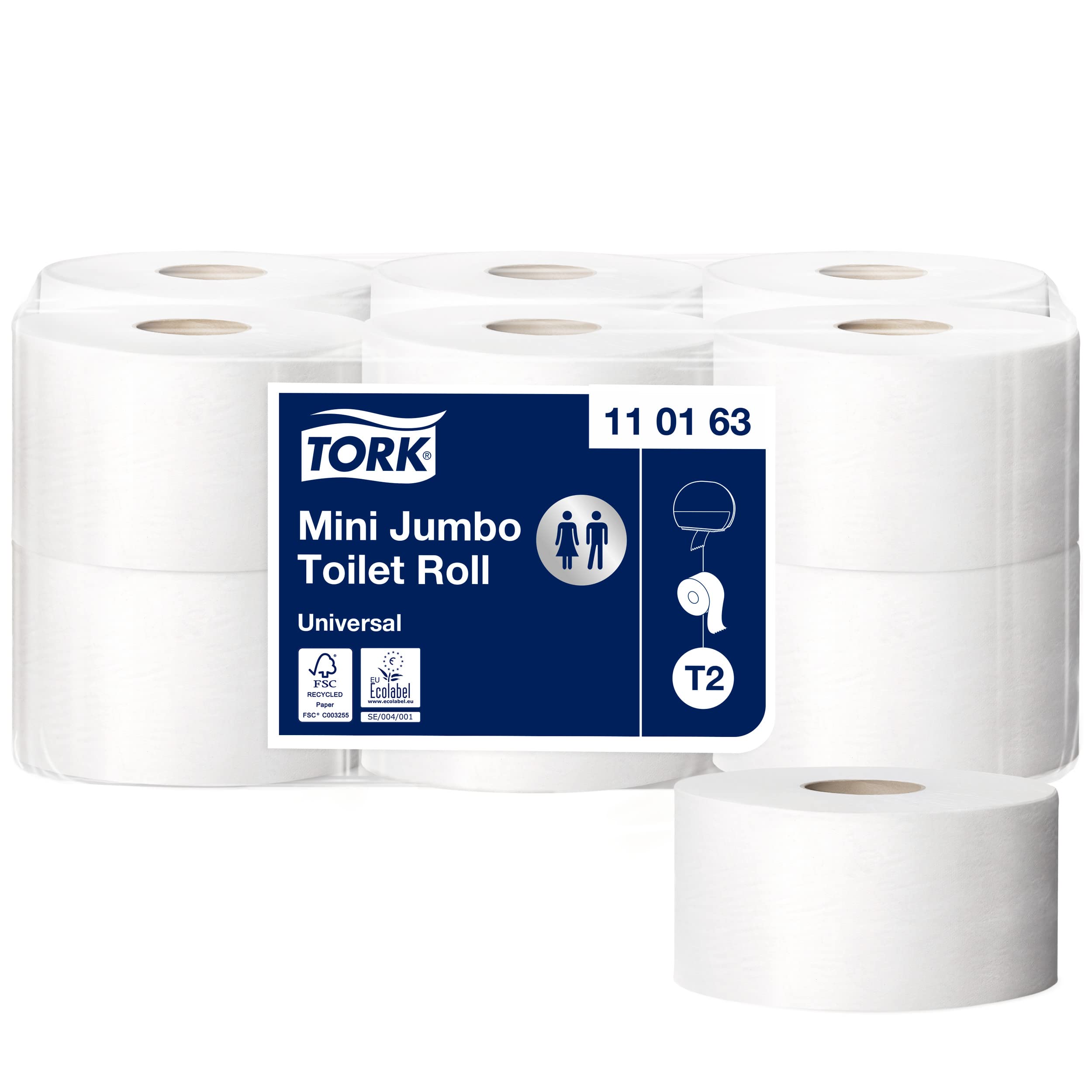 71tj45EUclL.jpg Tork 110163 Mini Jumbo Toilettenpapier 1-lagig weiß 12 x 1714 Blatt – Bild 1