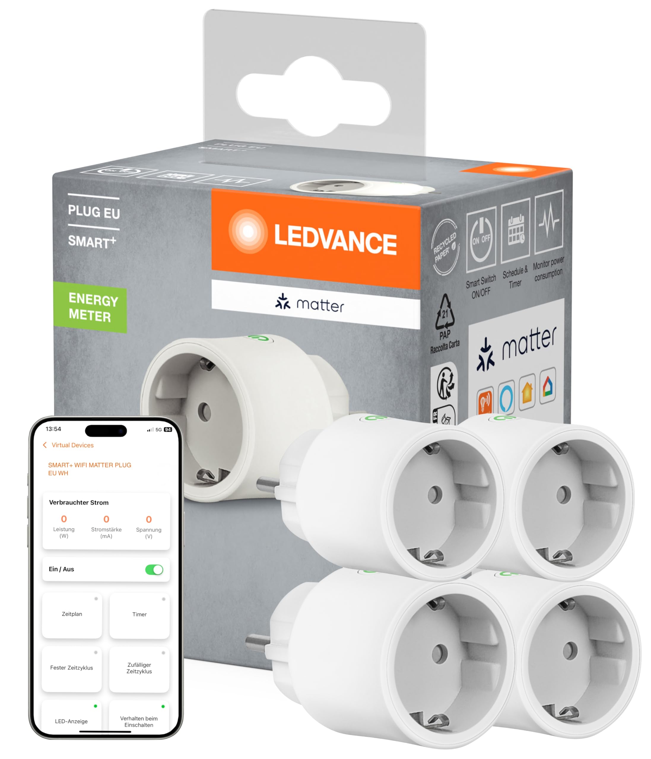 71qkojzzHPL.jpg LEDVANCE SMART+ Indoor Plug 4er-Pack Matter WLAN Steckdose weiß 2300 W – Bild 1