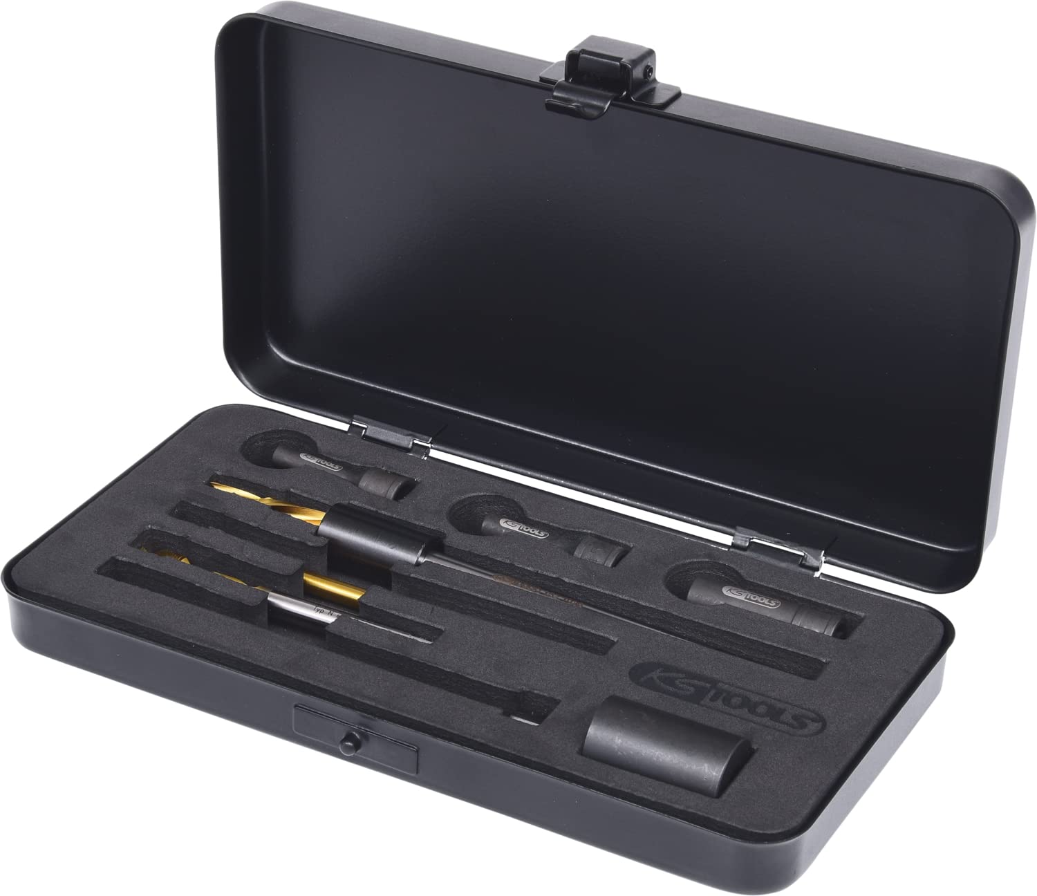 61pWVefjiBL.jpg KS Tools Universal Glühkerzen-Ausbohrsatz M10 x 1 8-tlg. im Metallkoffer – Bild 1