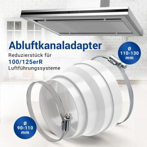 Adapter 100/125erØ und Schelle 110-130mmØ + Klemme 90-110mmØ für Dunstabzugshaube