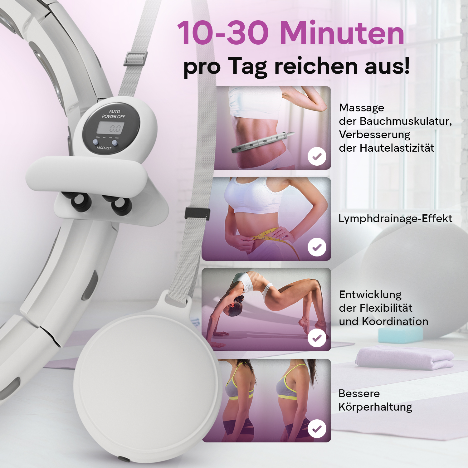 Smart-Hula-Reifen Hommler DD-003 Bauchtrainer 60-115cm + 10 bis 16 Glieder + Seillänge 25–50cm Weiss
